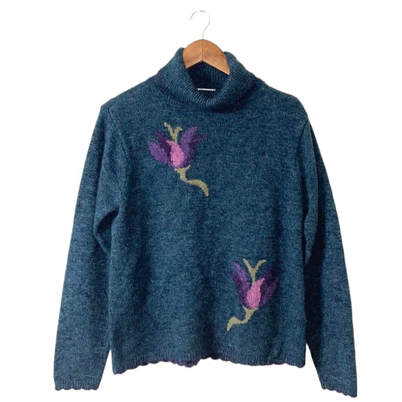 Vintage Sweaters - Vintage Turtleneck Sweater Grandma Cottagecore Boho Floral Flowers Size Medium